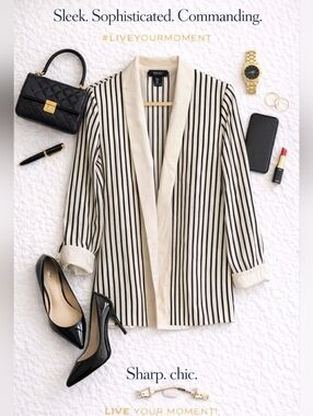 Snatched CEO Moment- Slimming Cream and Black Vertical Stripe Shirt